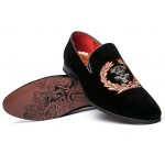 Black Velvet Embroidered Emblem Mens Oxfords Loafers Dress Shoes Flats